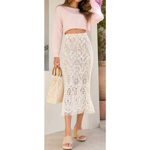 Maeve Anthropologie Crochet Lace Fringe Midi Skirt Boho Cream Sz 0 Fully Lined